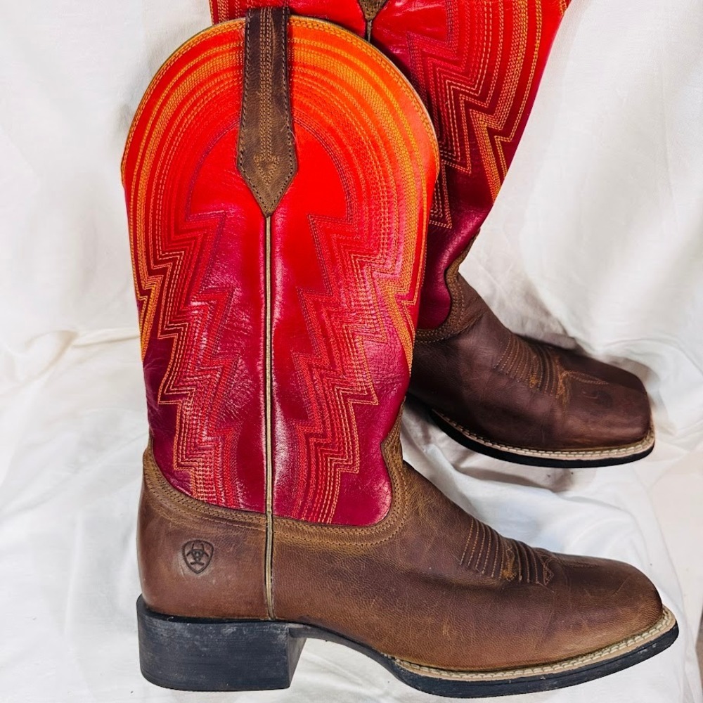 Ariat Womens Cowboy Boots Brown Leather Red Shaft Square Toe Western Rodeo Sz8.5 - Picture 6 of 7